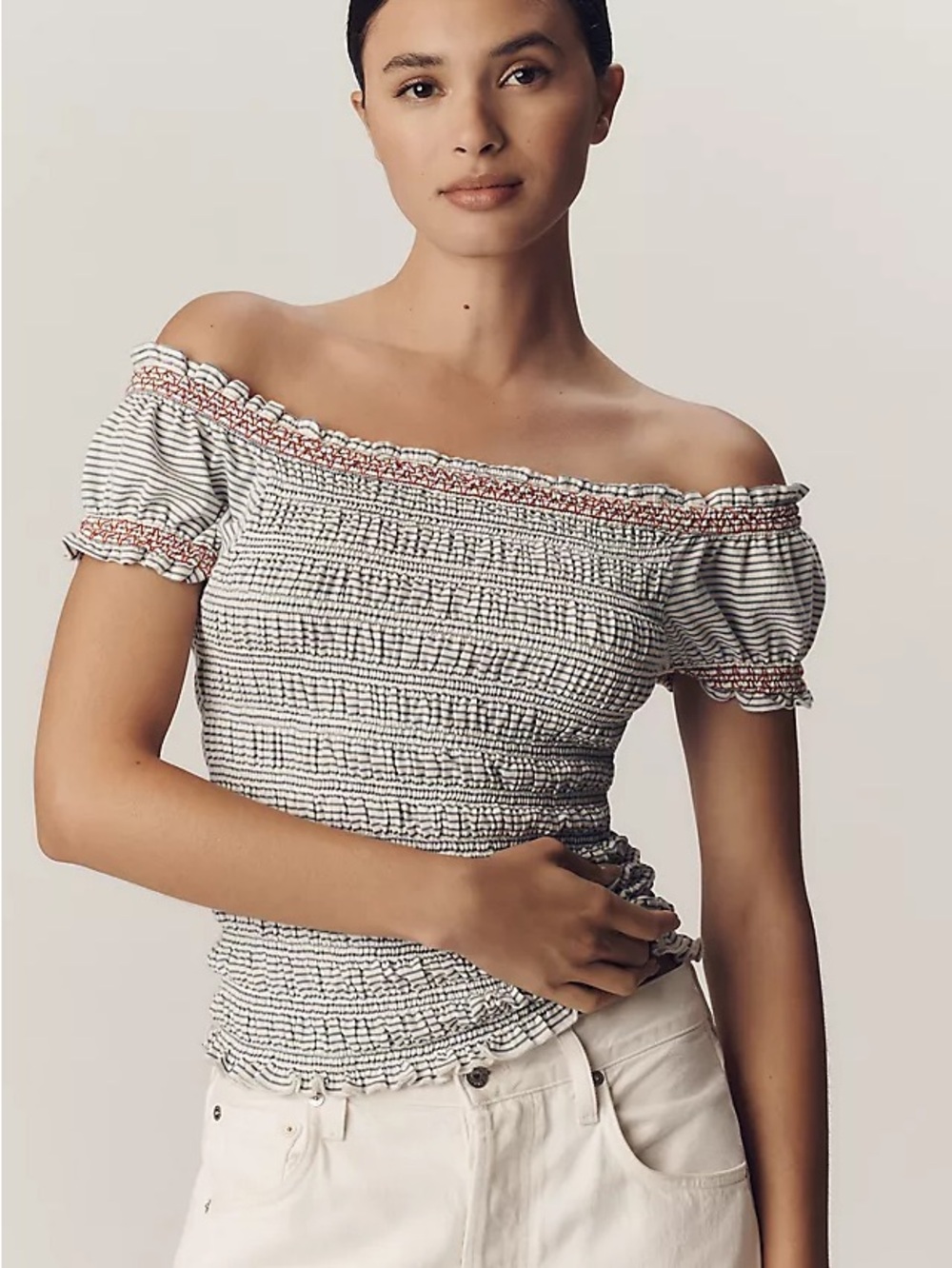 Smocked Off-Shoulder Stretch Top — White with Black Stripe